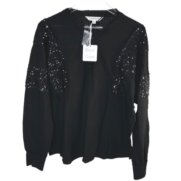 DAVI & DANI sequins long sleeve waffle top M black - Picture 6 of 10